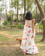 Polka Dotted Cotton Saree- Red And Mint Green - Image 2
