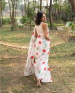 Polka Dotted Cotton Saree- Red And Mint Green - Image 3