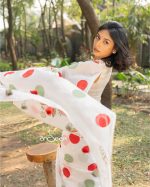 Polka Dotted Cotton Saree- Red And Mint Green - Image 5