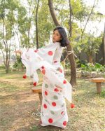 Polka Dotted Cotton Saree- Red And Mint Green - Image 4