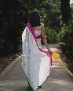 White, Green, Magenta With Hand-Block Crepe Silk Saree - Image 2