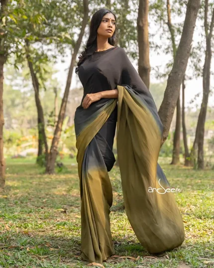 Black-Olive Green Crepe Silk Saree