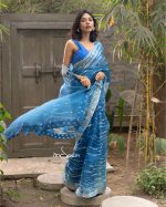 Blue Muslin Saree with Karchupi - Image 2