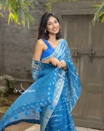 Blue Muslin Saree with Karchupi - Image 3