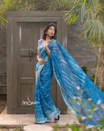 Blue Muslin Saree with Karchupi - Image 4