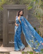 Blue Muslin Saree with Karchupi - Image 6