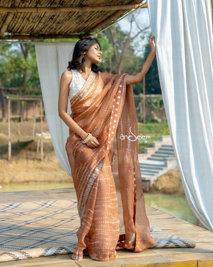 Brown Muslin Saree With Karchupi - Image 2