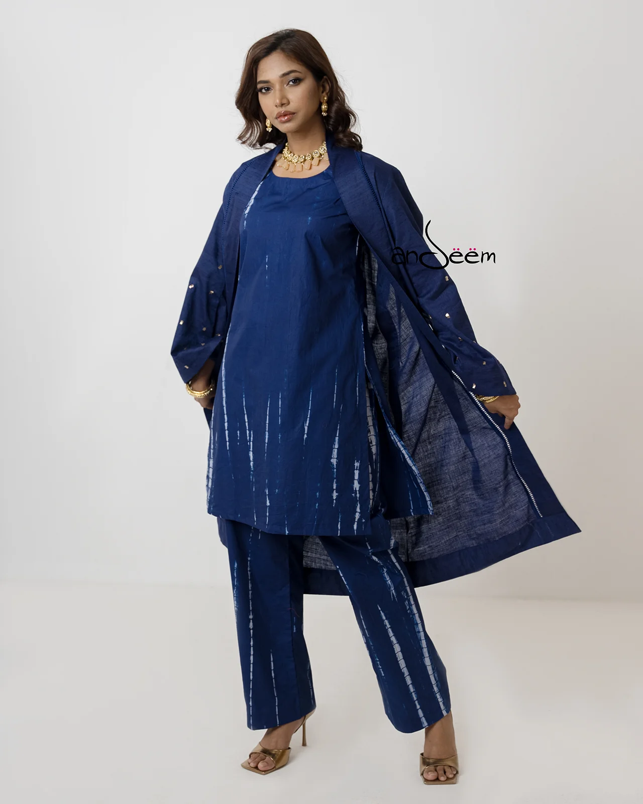 Front Navy Blue Shrug Dress A Navy Blue Tie-Dye Co-Ords with Shrug - Image 1