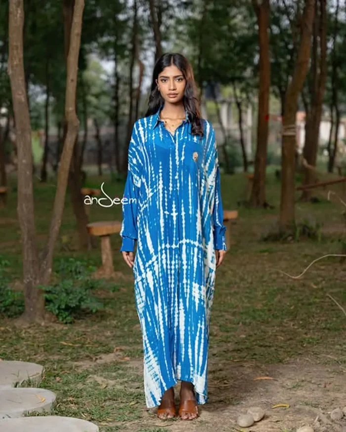 Blue Tie-Dye Crepe Silk One Piece with Pocket - Image 1