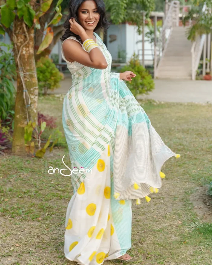 Cotton Handloom Saree with Blue & Green Stripes - Image 1