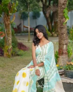 Cotton Handloom Saree with Blue & Green Stripes - Image 2