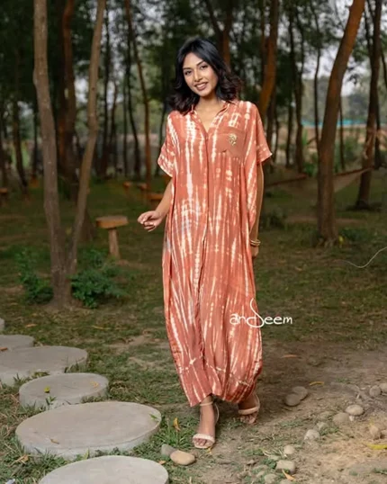 Brown Tie-Dye Crepe Silk One Piece with Pocket