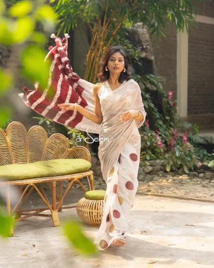 Polka Dotted Cotton Saree - Maroon And Golden
