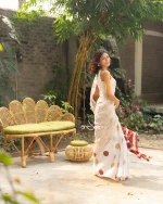 Polka Dotted Cotton Saree - Maroon And Golden - Image 6