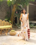 Polka Dotted Cotton Saree - Maroon And Golden - Image 7