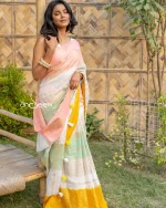 Cotton Handloom Saree- Peach, Yellow And Green Ombre