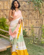 Cotton Handloom Saree- Peach, Yellow And Green Ombre