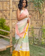 Cotton Handloom Saree- Peach, Yellow And Green Ombre - Image 4