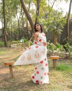 Polka Dotted Cotton Saree- Red And Mint Green