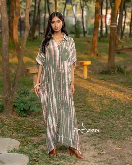 Moss Green, Ash And White Crepe Silk One Piece