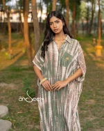 Moss Green, Ash And White Crepe Silk One Piece - Image 3