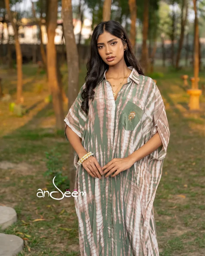 Moss Green, Ash And White Crepe Silk One Piece - Image 3