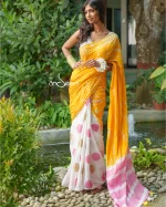 Cotton Handloom Saree- Mustard Yellow And Pink - Image 3