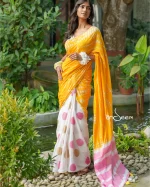 Cotton Handloom Saree- Mustard Yellow And Pink - Image 4