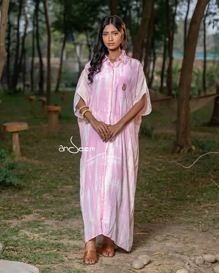 Pink And White Crepe Silk One Piece - Image 2