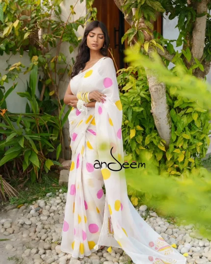 Polka Dotted Cotton Saree - Pink And Yellow