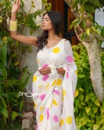 Polka Dotted Cotton Saree - Pink And Yellow - Image 3