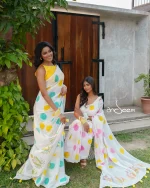 Polka Dotted Cotton Saree - Pink And Yellow - Image 2
