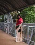 Red, Black, Off-White Crepe Silk Saree With Golden Hand Block