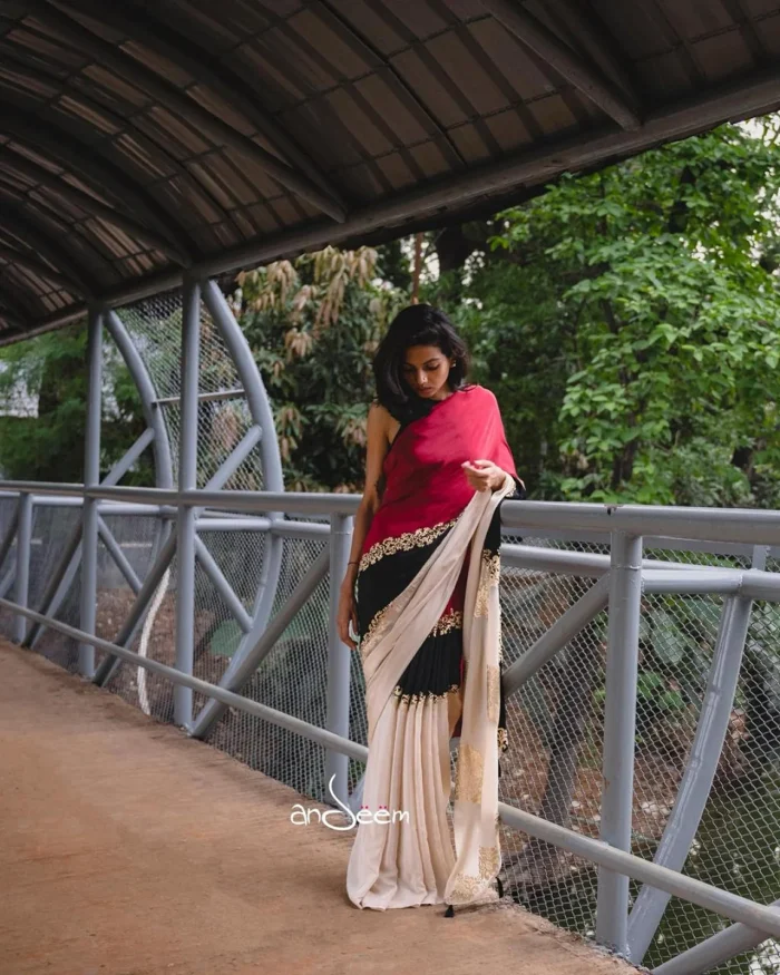 Red, Black, Off-White Crepe Silk Saree With Golden Hand Block - Image 1