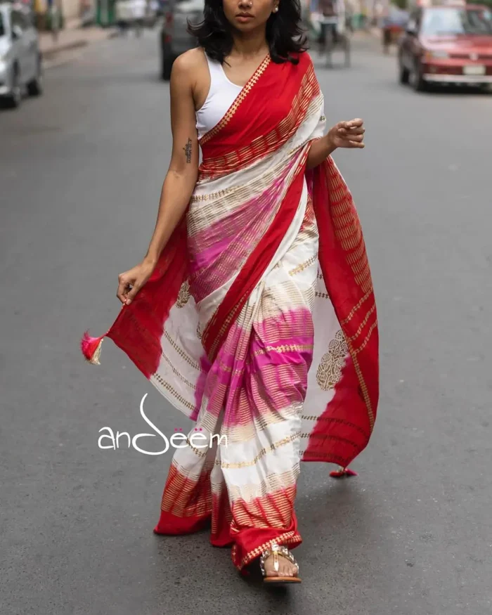 White-Red Crepe Silk Saree With Golden Hand Block - Image 1