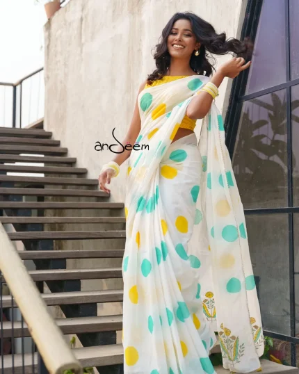 Polka Dotted Cotton Saree - Turquoise And Yellow