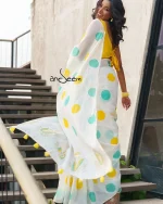Polka Dotted Cotton Saree - Turquoise And Yellow - Image 2