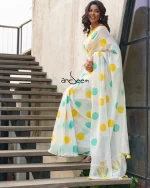 Polka Dotted Cotton Saree - Turquoise And Yellow - Image 3