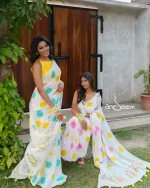 Polka Dotted Cotton Saree - Turquoise And Yellow - Image 4