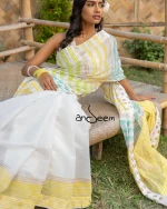 Cotton Handloom Saree- Yellow, Lime Green and Turquoise Stripes - Image 2