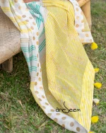 Cotton Handloom Saree- Yellow, Lime Green and Turquoise Stripes - Image 3