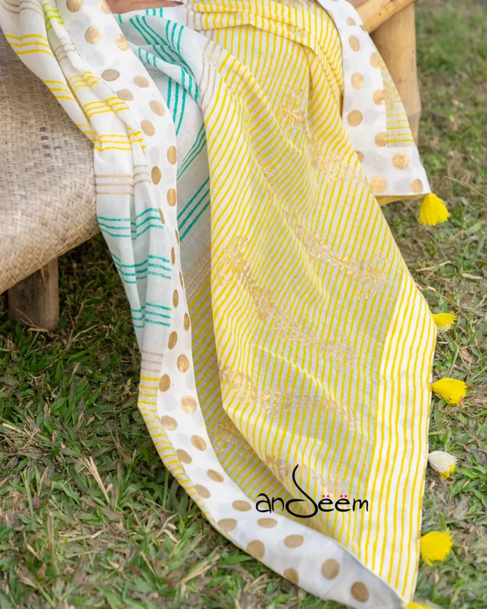 Cotton Handloom Saree- Yellow, Lime Green and Turquoise Stripes - Image 3