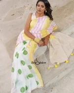 Cotton Handloom Saree with Yellow & Pink Stripes
