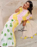 Cotton Handloom Saree with Yellow & Pink Stripes - Image 2