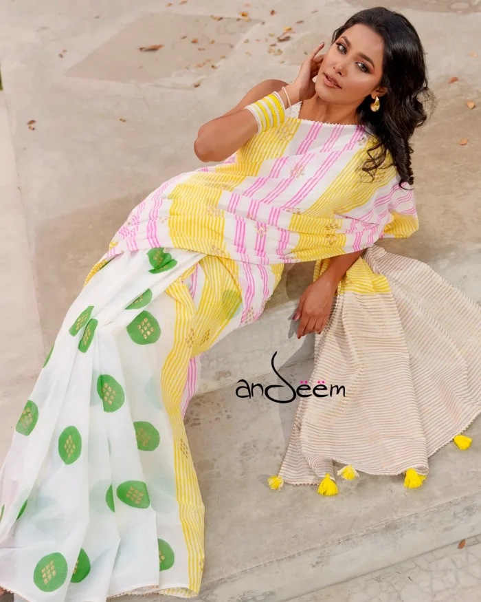 Cotton Handloom Saree with Yellow & Pink Stripes - Image 2
