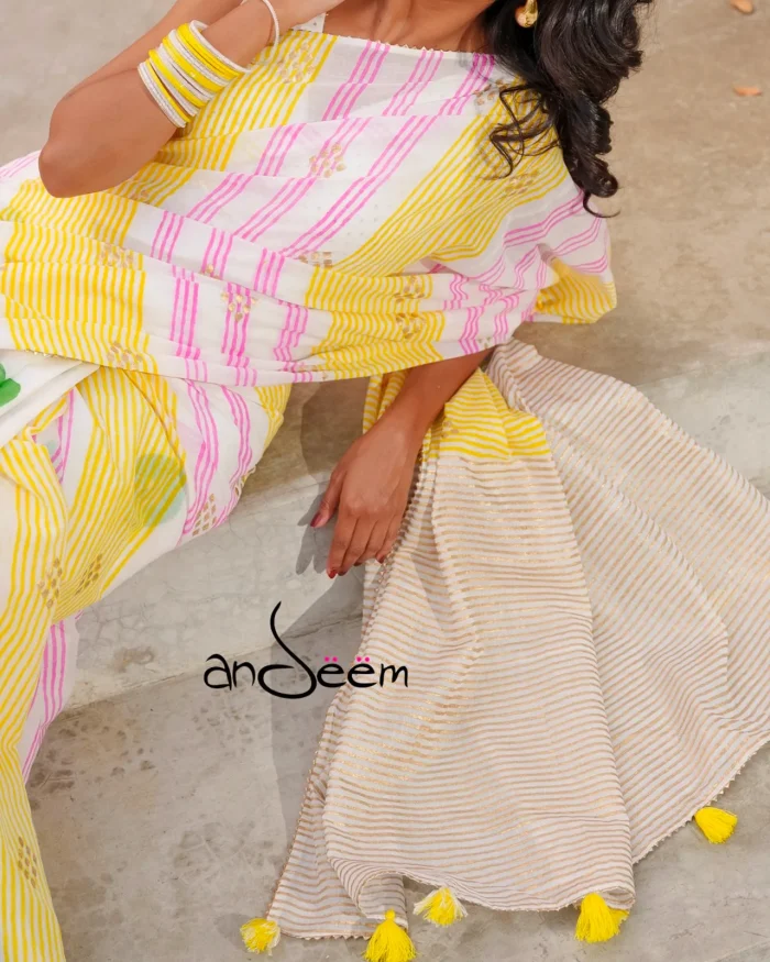 Cotton Handloom Saree with Yellow & Pink Stripes - Image 4