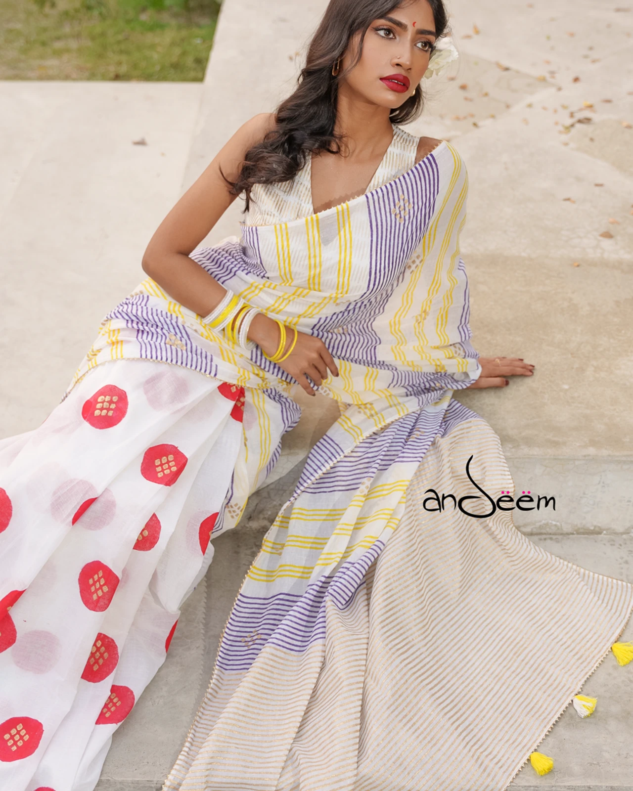 Front View Of Yellow Stripes & Red Polka Dots A Cotton Handloom Saree with Colorful Stripes - Image 1