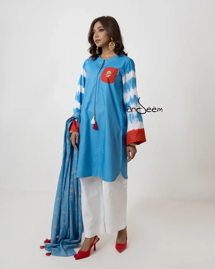 Sky Blue with Orange and White Tie-Dye Cotton Set - Image 1