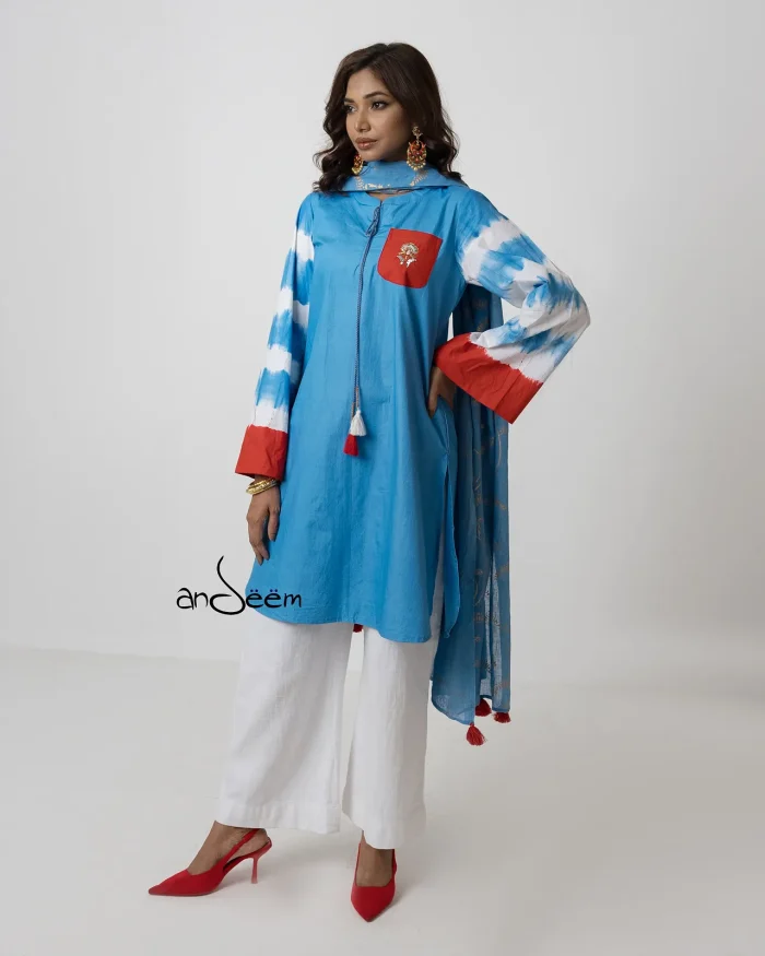Sky Blue with Orange and White Tie-Dye Cotton Set - Image 2