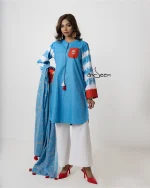 Sky Blue with Orange and White Tie-Dye Cotton Set - Image 3